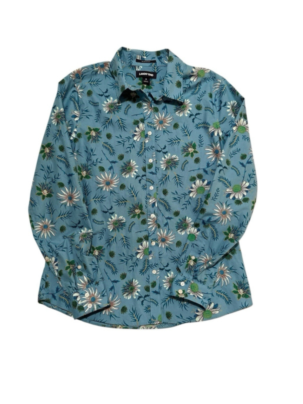 Lands End Button Up Shirt Womens 8 Cotton Multicolor / Teal Floral Long Sleeves - Picture 5 of 16
